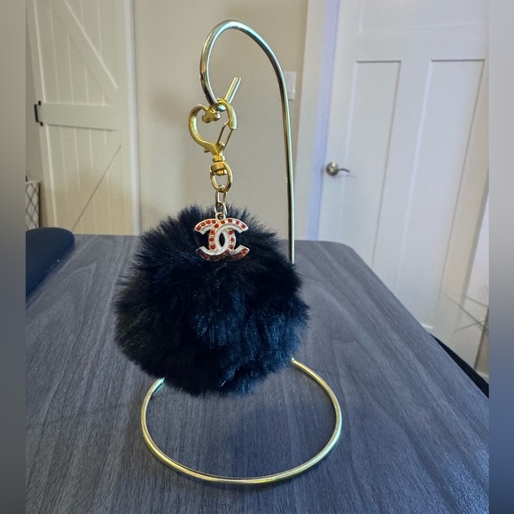Authentic CC charm upcycled by me, Black Pom Pom Bag/Keychain - Picture 1 of 3